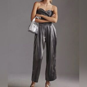 Anthropologie NEW Strapless Shine Jumpsuit Carbon Silver Size US 10 Party Formal